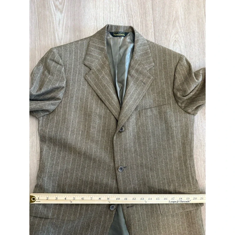 Vintage Norman Hilton 2 Piece Suit 38R 30x29 Olive Pin Stripe Wool Blazer 70s